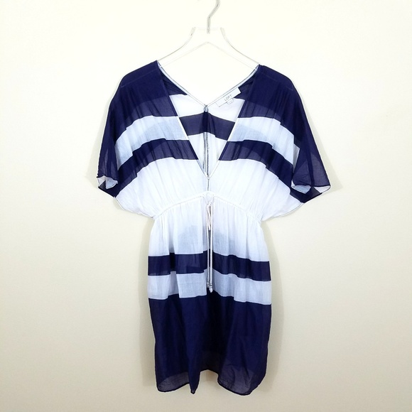 blue and white striped beach cover up